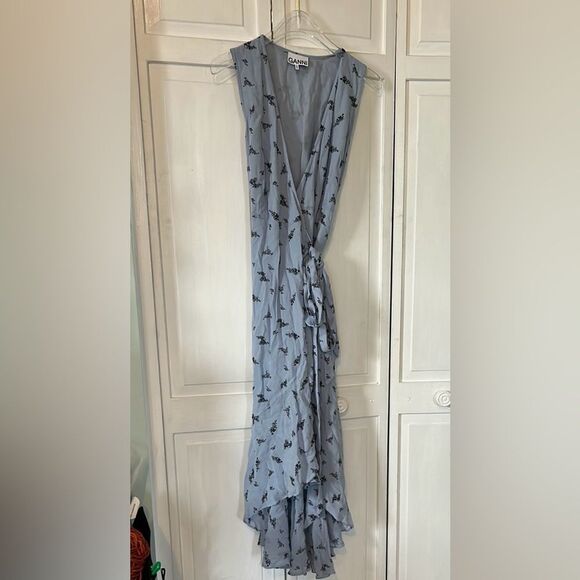Ganni Brunnera Blue and Black Ruffled Wrap Sundress - Size 0 - Picture 1 of 15
